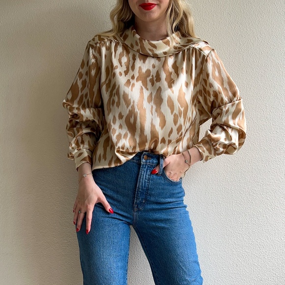 Vintage 1990s Textured Blouse With Animal Print (L/XL) - Picture 1 of 11